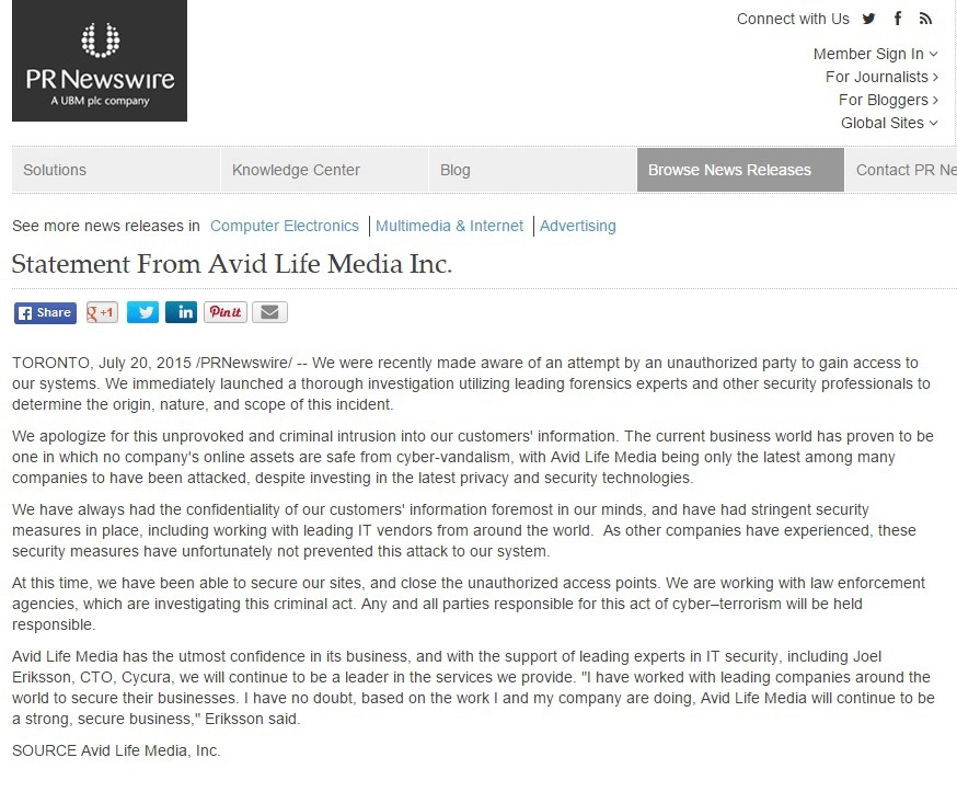 Ahsley Madison Press Statement